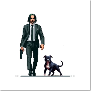 Pixel John Wick and His Pitbull Dog Retro Posters and Art